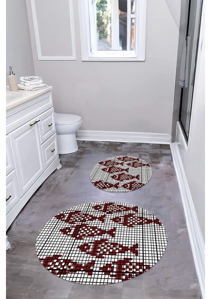 Dijital Yıkanabilir Kaymaz Balık Modelli Yuvarlak Banyo Paspası Klozet Takımı, Klozet-70-Bordo, modelleri