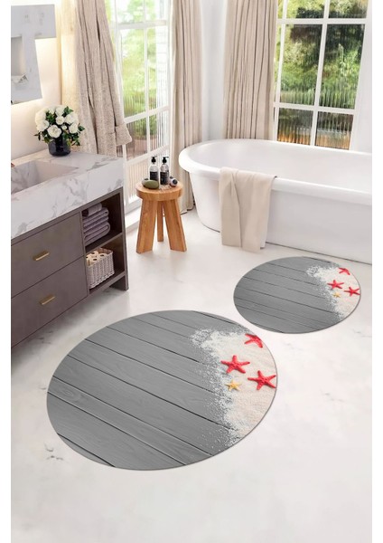 Dijital Yıkanabilir Modern Deniz Yıldızı Yuvarlak Banyo Paspası Klozet Takımı, Klozet-72-Gri,