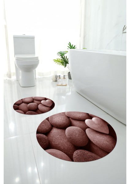 Baskılı Yıkanabilir Kaymaz Taş Modelli Yuvarlak Banyo Paspası Klozet Takımı, Klozet-73-Bordo, fırsatları