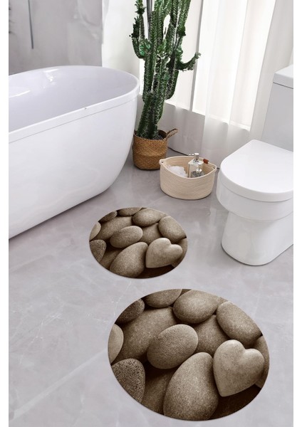 Baskılı Yıkanabilir Kaymaz Taş Modelli Yuvarlak Banyo Paspası Klozet Takımı, Klozet-73-Kahve, fiyatları