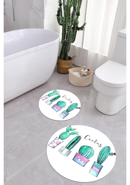 Baskılı Yıkanabilir Kaymaz Kaktüs Model Yuvarlak Banyo Paspası Klozet Takımı, Klozet-76-Beyaz,