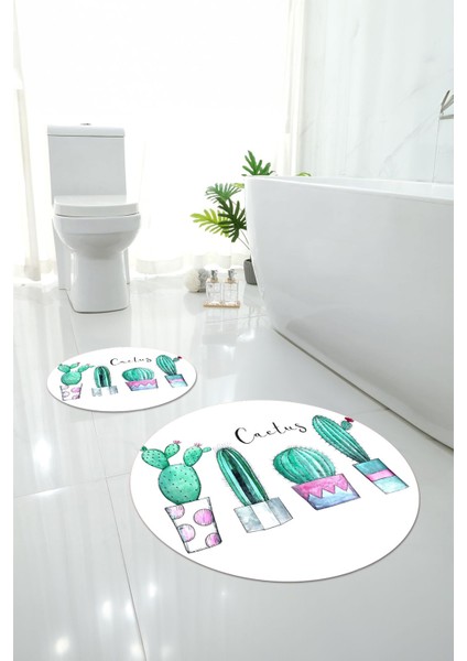 Baskılı Yıkanabilir Kaymaz Kaktüs Model Yuvarlak Banyo Paspası Klozet Takımı, Klozet-76-Beyaz, modelleri