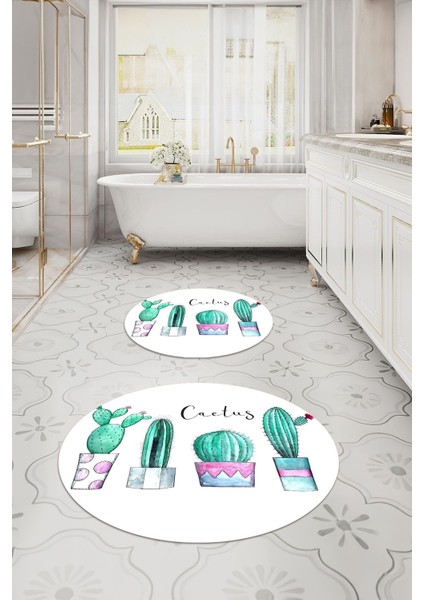 Baskılı Yıkanabilir Kaymaz Kaktüs Model Yuvarlak Banyo Paspası Klozet Takımı, Klozet-76-Beyaz, indirimleri
