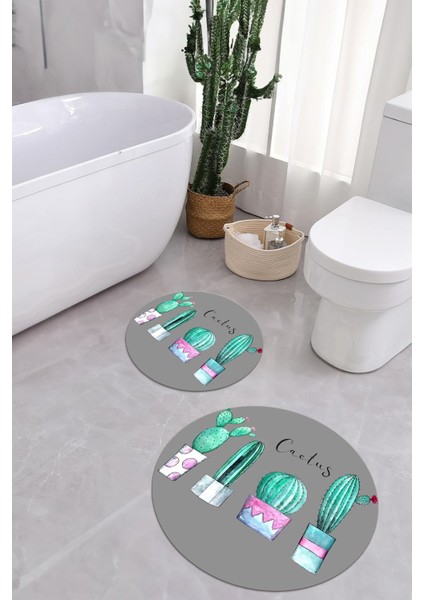 Baskılı Yıkanabilir Kaymaz Kaktüs Model Yuvarlak Banyo Paspası Klozet Takımı, Klozet-76-Gri,