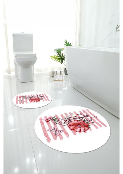 Baskılı Yıkanabilir Kaymaz Gül Motifli Yuvarlak Banyo Paspası Klozet Takımı, Klozet-77-Kırmızı, modelleri