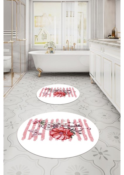 Baskılı Yıkanabilir Kaymaz Gül Motifli Yuvarlak Banyo Paspası Klozet Takımı, Klozet-77-Kırmızı, indirimleri