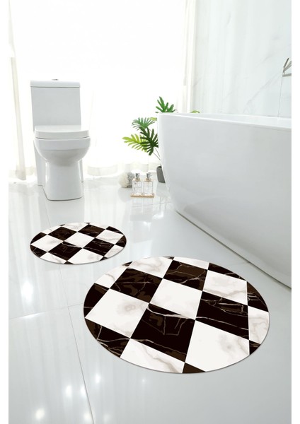 Dijital Yıkanabilir Mermer Zemin Desenli Yuvarlak Banyo Paspası Klozet Takımı, Klozet-78-Kahve,