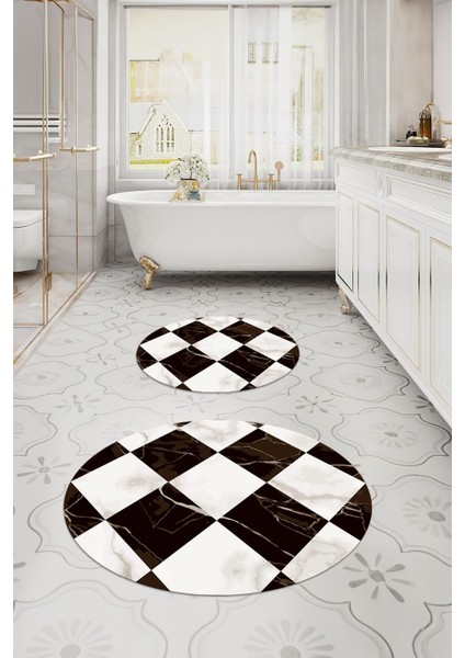 Dijital Yıkanabilir Mermer Zemin Desenli Yuvarlak Banyo Paspası Klozet Takımı, Klozet-78-Kahve,
