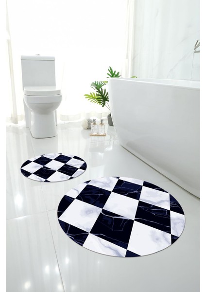 Dijital Yıkanabilir Mermer Zemin Desenli Yuvarlak Banyo Paspası Klozet Takımı, Klozet-78-Lacivert, modelleri