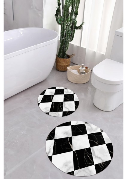 Dijital Yıkanabilir Mermer Zemin Desenli Yuvarlak Banyo Paspası Klozet Takımı, Klozet-78-Siyah,