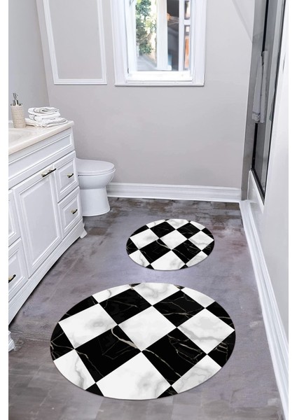 Dijital Yıkanabilir Mermer Zemin Desenli Yuvarlak Banyo Paspası Klozet Takımı, Klozet-78-Siyah, fiyatları