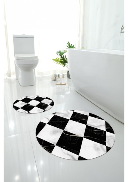 Dijital Yıkanabilir Mermer Zemin Desenli Yuvarlak Banyo Paspası Klozet Takımı, Klozet-78-Siyah, modelleri