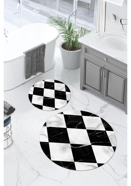 Dijital Yıkanabilir Mermer Zemin Desenli Yuvarlak Banyo Paspası Klozet Takımı, Klozet-78-Siyah, fırsatları