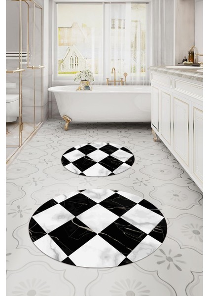 Dijital Yıkanabilir Mermer Zemin Desenli Yuvarlak Banyo Paspası Klozet Takımı, Klozet-78-Siyah, indirimleri