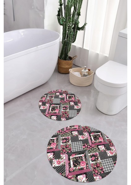 Dijital Yıkanabilir Klasik Çiçek Desenli Yuvarlak Banyo Paspası Klozet Takımı, Klozet-80-Pembe,