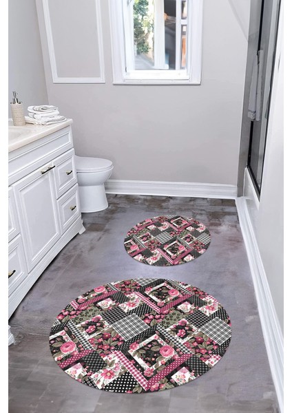 Dijital Yıkanabilir Klasik Çiçek Desenli Yuvarlak Banyo Paspası Klozet Takımı, Klozet-80-Pembe, fiyatları