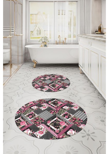 Dijital Yıkanabilir Klasik Çiçek Desenli Yuvarlak Banyo Paspası Klozet Takımı, Klozet-80-Pembe, indirimleri