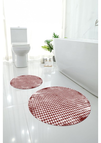 Dijital Yıkanabilir Kare Desen Detaylı Yuvarlak Banyo Paspası Klozet Takımı, Klozet-84-Bordo, fiyatları