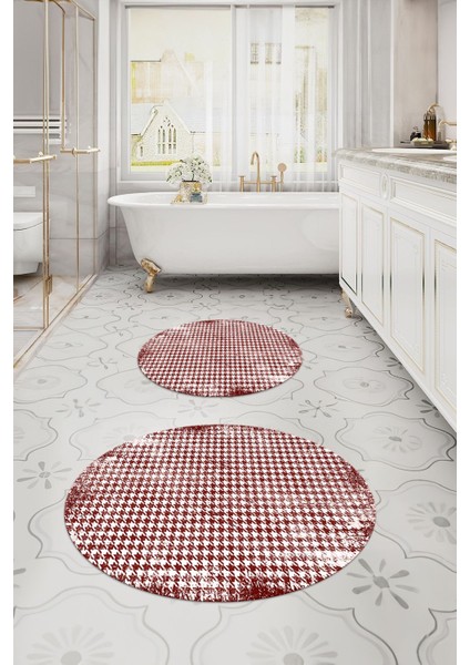 Dijital Yıkanabilir Kare Desen Detaylı Yuvarlak Banyo Paspası Klozet Takımı, Klozet-84-Bordo, fırsatları