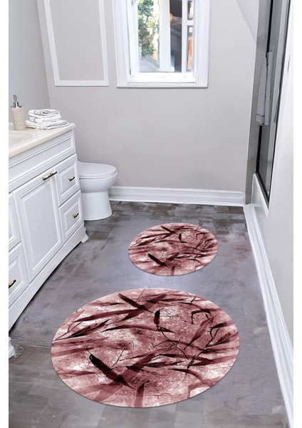 Dijital Yıkanabilir Kaymaz Yaprak Motifli Yuvarlak Banyo Paspası Klozet Takımı, Klozet-85-Bordo,