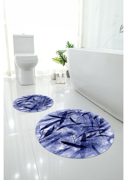Dijital Yıkanabilir Kaymaz Yaprak Motifli Yuvarlak Banyo Paspası Klozet Takımı, Klozet-85-Lacivert, fiyatları