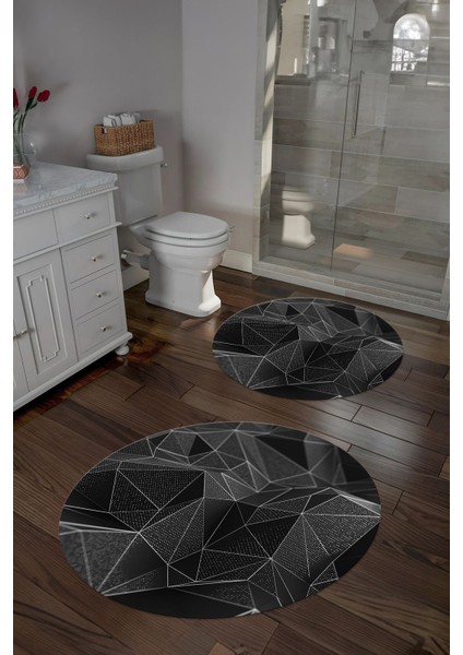 Baskılı Yıkanabilir Geometrik Desenli Yuvarlak Banyo Paspası Klozet Takımı, Klozet-87-Gri, indirimleri