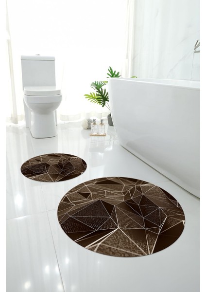 Baskılı Yıkanabilir Geometrik Desenli Yuvarlak Banyo Paspası Klozet Takımı, Klozet-87-Kahve,
