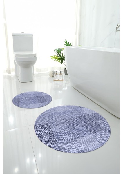 Dijital Yıkanabilir Kaymaz Kilim Görünümlü Yuvarlak Banyo Paspası Klozet Takımı, Klozet-88-Lila,
