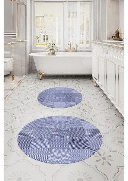 Dijital Yıkanabilir Kaymaz Kilim Görünümlü Yuvarlak Banyo Paspası Klozet Takımı, Klozet-88-Lila, modelleri