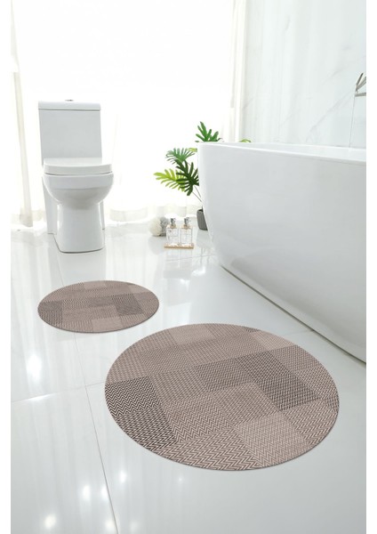 Dijital Yıkanabilir Kaymaz Kilim Görünümlü Yuvarlak Banyo Paspası Klozet Takımı, Klozet-88-Vizon,