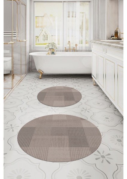 Dijital Yıkanabilir Kaymaz Kilim Görünümlü Yuvarlak Banyo Paspası Klozet Takımı, Klozet-88-Vizon, modelleri