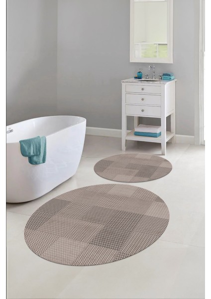 Dijital Yıkanabilir Kaymaz Kilim Görünümlü Yuvarlak Banyo Paspası Klozet Takımı, Klozet-88-Vizon, fırsatları