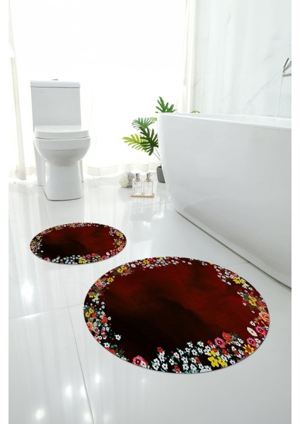 Dijital Yıkanabilir Renkli Çiçek Desenli Yuvarlak Banyo Paspası Klozet Takımı, Klozet-90-Bordo,
