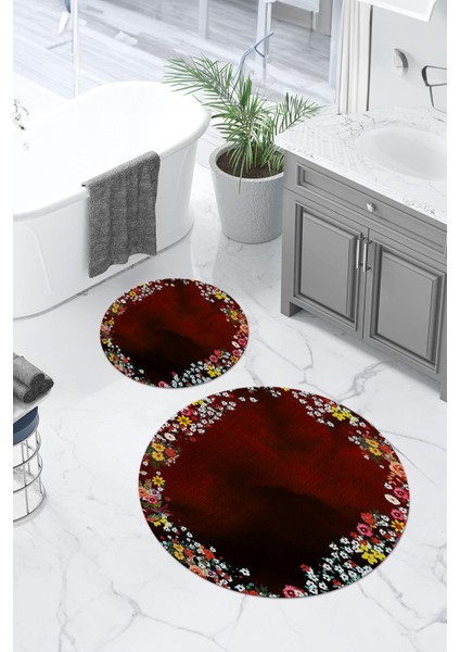 Dijital Yıkanabilir Renkli Çiçek Desenli Yuvarlak Banyo Paspası Klozet Takımı, Klozet-90-Bordo, fiyatları