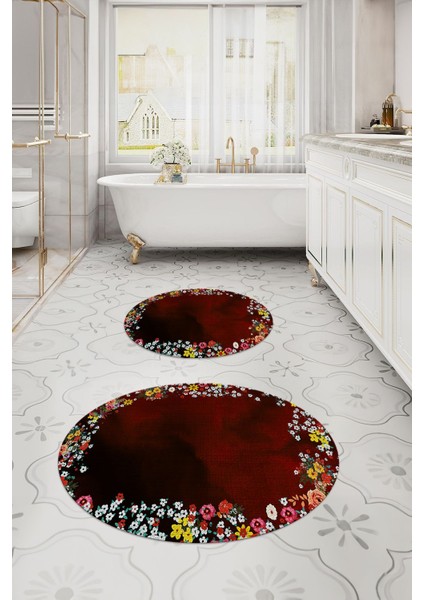 Dijital Yıkanabilir Renkli Çiçek Desenli Yuvarlak Banyo Paspası Klozet Takımı, Klozet-90-Bordo, modelleri