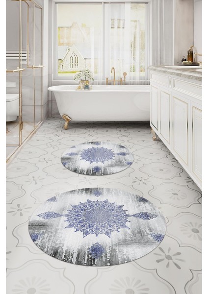 Dijital Yıkanabilir Sade Vektörel Desenli Yuvarlak Banyo Paspası Klozet Takımı, Klozet-95-Lacivert,
