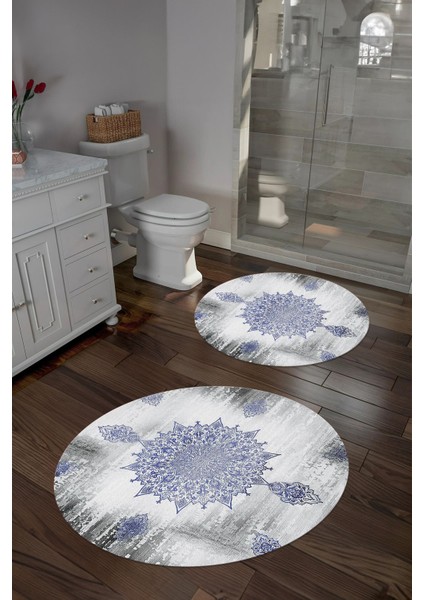 Dijital Yıkanabilir Sade Vektörel Desenli Yuvarlak Banyo Paspası Klozet Takımı, Klozet-95-Lacivert,