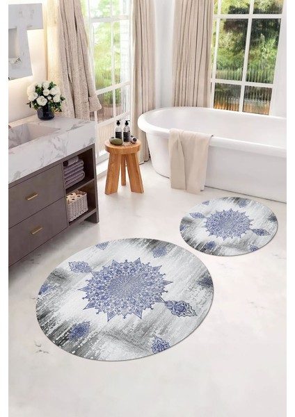 Dijital Yıkanabilir Sade Vektörel Desenli Yuvarlak Banyo Paspası Klozet Takımı, Klozet-95-Lacivert,