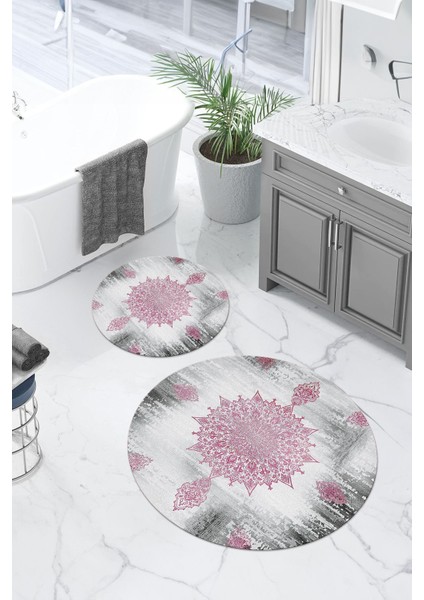 Dijital Yıkanabilir Sade Vektörel Desenli Yuvarlak Banyo Paspası Klozet Takımı, Klozet-95-Pembe,