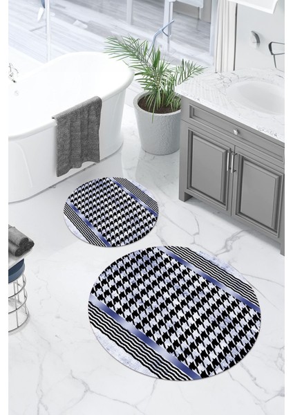 Dijital Yıkanabilir Kaymaz Sade Modern Yuvarlak Banyo Paspası Klozet Takımı, Klozet-96-Lacivert,
