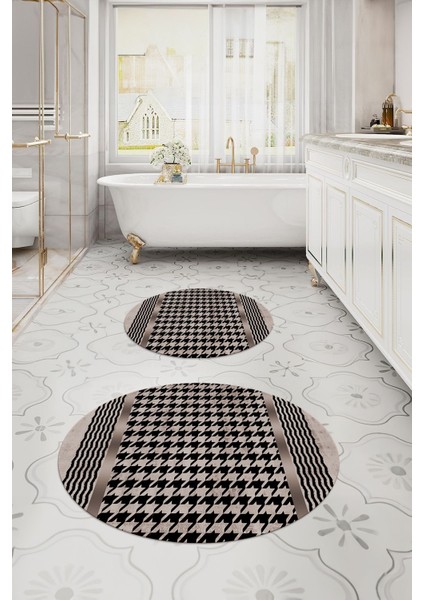 Dijital Yıkanabilir Kaymaz Sade Modern Yuvarlak Banyo Paspası Klozet Takımı, Klozet-96-Vizon,