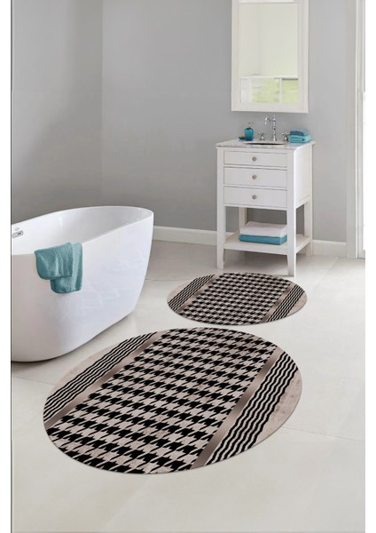 Dijital Yıkanabilir Kaymaz Sade Modern Yuvarlak Banyo Paspası Klozet Takımı, Klozet-96-Vizon,
