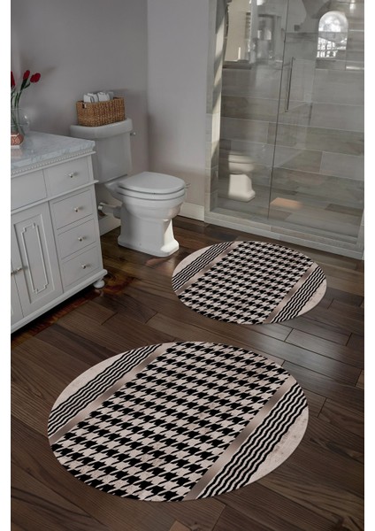 Dijital Yıkanabilir Kaymaz Sade Modern Yuvarlak Banyo Paspası Klozet Takımı, Klozet-96-Vizon,