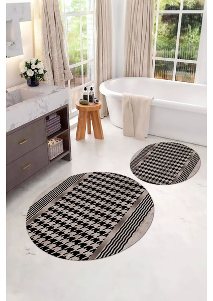Dijital Yıkanabilir Kaymaz Sade Modern Yuvarlak Banyo Paspası Klozet Takımı, Klozet-96-Vizon,