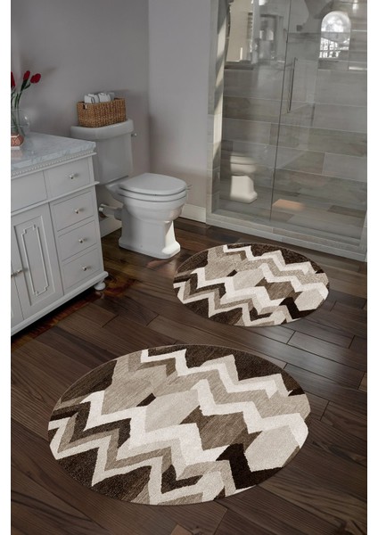 Dijital Yıkanabilir Kaymaz Sade Zigzag Model Yuvarlak Banyo Paspası Klozet Takımı, Klozet-97-Kahve,