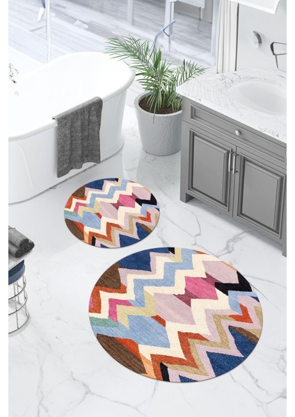 Dijital Yıkanabilir Kaymaz Sade Zigzag Model Yuvarlak Banyo Paspası Klozet Takımı, Klozet-97-Renkli,