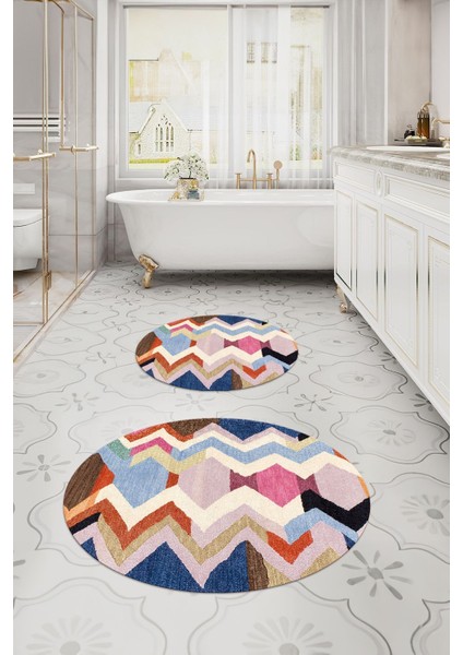 Dijital Yıkanabilir Kaymaz Sade Zigzag Model Yuvarlak Banyo Paspası Klozet Takımı, Klozet-97-Renkli, fiyatları