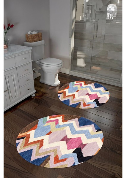 Dijital Yıkanabilir Kaymaz Sade Zigzag Model Yuvarlak Banyo Paspası Klozet Takımı, Klozet-97-Renkli, fırsatları