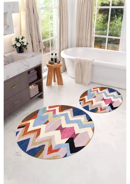 Dijital Yıkanabilir Kaymaz Sade Zigzag Model Yuvarlak Banyo Paspası Klozet Takımı, Klozet-97-Renkli, indirimleri
