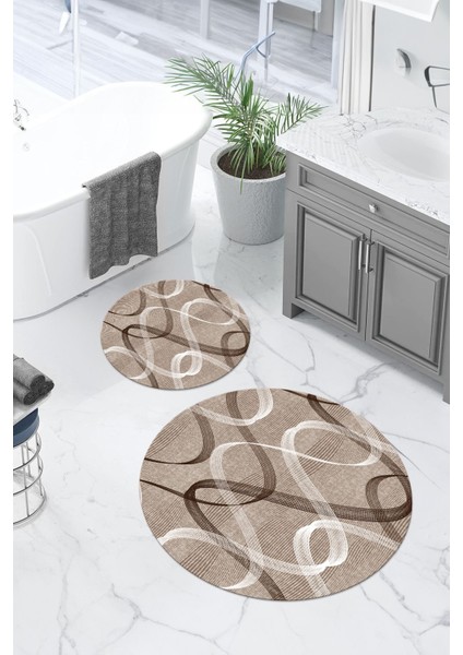 Dijital Yıkanabilir Kaymaz Sade Modern Klasik Yuvarlak Banyo Paspası Klozet Takımı, Klozet-98-Kahve,